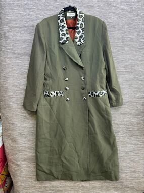 Vintage Valentine Coat Womens Size 18 Green Leopard Collar Button Long Overcoat